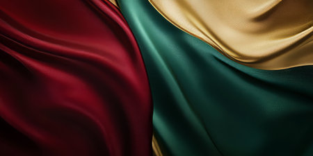 A rich abstract background featuring three colors--rich maroon, gold, and deep green--creating a regal, luxurious effect. Ideal for elegant branding, high-end product visuals, or sophisticated digital content.の素材