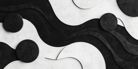 A black and white background with abstract, organic shapes layered on top of each other, creating a sense of depth and texture. Perfect for digital art projects, high-end branding, or contemporary design.の素材