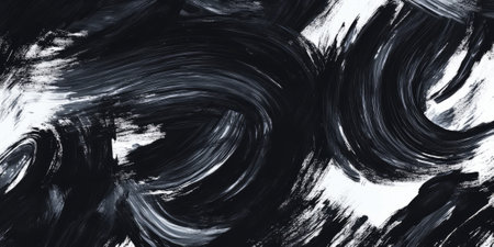 A dramatic black and white background with swirling, chaotic brushstrokes. The bold strokes and contrasting tones create a sense of intensity and raw energy, perfect for avant-garde art or rebellious branding.の素材