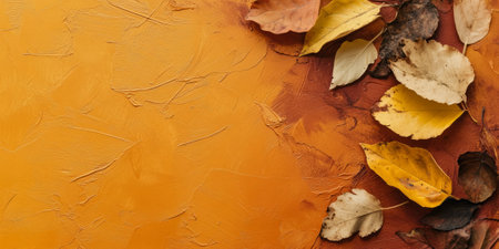 A burnt orange abstract background inspired by autumn leaves, featuring layered organic textures with hints of yellow and deep red.の素材