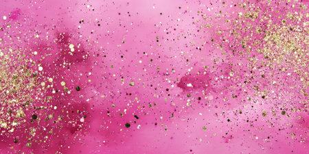 A deep pink background with soft, scattered particles of gold and silver, giving it a sparkling, glamorous feel. Ideal for luxury branding, festive designs, or high-end digital art.の素材