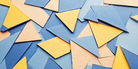 A non-seamless abstract design with fragmented, sharp edges in chambray blue, sunshine yellow, and peach fuzz, resulting in a powerful, bold visual.の素材