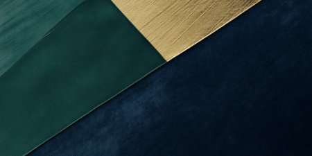 A luxurious abstract background with three colors--rich emerald green, deep navy blue, and gold. The elegant tones form an intricate pattern, creating a sophisticated atmosphere ideal for luxury branding or fine art projects.の素材