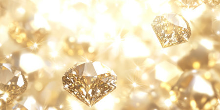 A shimmering gold diamond background with hundreds of light-catching facets that reflect soft golden hues. The background radiates elegance, perfect for wedding invitations, exclusive event design, or opulent branding.の素材