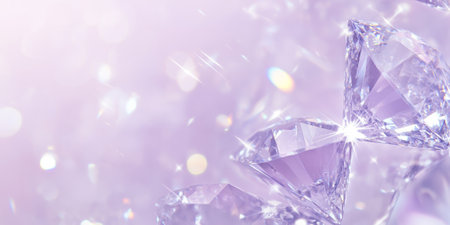 A sparkling diamond array on a soft lavender backdrop, with glimmering facets reflecting light in different directions. The delicate colors and shimmering reflections create a romantic, luxurious vibe, perfect for weddings or high-end events.の素材