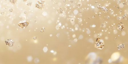A soft beige background featuring a scattering of diamonds that reflect light in soft, golden hues. The warm, subtle sparkle creates a refined, luxurious aesthetic, ideal for premium product displays or upscale wedding invitations.の素材
