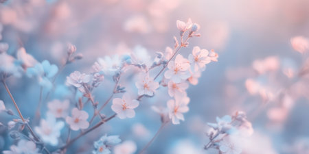 A soft lens blur in muted pastel tones of peach fuzz, light blue, and pale lavender, creating a cinematic dreamy effect.の素材