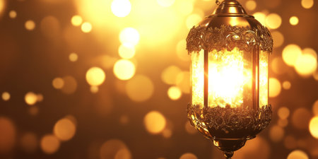 Glowing golden lantern background with soft warm light and metallic reflective details.の素材