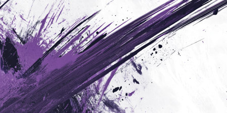 A grunge-inspired lilac abstract background with rough, textured brushstrokes, splashes of deep purple, and a raw artistic feel.の素材