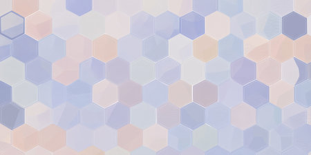 A tessellated mosaic background with subtle pastel hexagons in shades of peach fuzz, lilac, and chambray blue, forming a seamless modern design.の素材