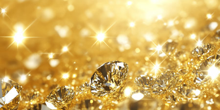 A shimmering gold background with diamonds reflecting soft white light in every direction. The luxe golden hue combined with the dazzling reflections creates a premium and elegant aesthetic, ideal for exclusive event branding or luxury product design.の素材