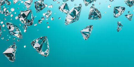 A vibrant teal background with scattered diamonds reflecting bright hues of light. The contrasting colors and sparkle create an energetic, luxurious vibe, perfect for creative branding, fashion promotions, or artistic designs.の素材