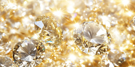 A shimmering gold background with diamonds reflecting soft white light in every direction. The luxe golden hue combined with the dazzling reflections creates a premium and elegant aesthetic, ideal for exclusive event branding or luxury product design.の素材