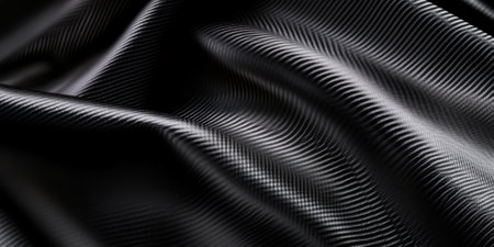 Dark metallic carbon fiber background with a fine woven pattern and subtle reflective highlights. The futuristic, lightweight texture is commonly used in sports cars, aerospace, and high-performance industrial designs.の素材