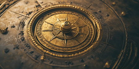 Vintage golden compass background with aged patina, intricate nautical detailing.の素材