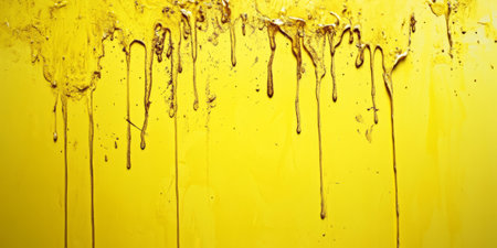 A vibrant sunshine yellow abstract background with delicate paint drips and splatters, creating a dynamic, free-flowing artistic design.の素材