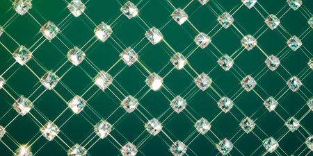 A sparkling diamond lattice pattern against a deep emerald green background. Each diamond shine reflects light, giving the background a vibrant yet sophisticated atmosphere, ideal for luxury branding or high-end product photography.の素材