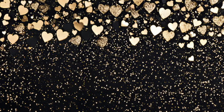 A striking black glitter background with deep, shimmering gold specks scattered throughout. The combination of dark and light creates a high-end, sophisticated vibe, perfect for glamorous event designs, fashion, and elegant branding.の素材