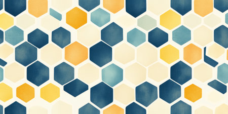A seamless hexagonal pattern in peach fuzz, sunshine yellow, and chambray blue, forming a refined yet playful modern aesthetic.の素材
