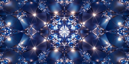 A sparkling, deep blue background with a collection of diamonds positioned in an abstract pattern. The radiant reflections from each diamond create a stunning contrast, making it ideal for contemporary luxury design or digital art.の素材