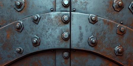 Textured steel with exposed seams, screws, and bolts. The rough and weathered surface adds a mechanical, utilitarian feel, ideal for industrial, construction, or hard-edge designs.の素材