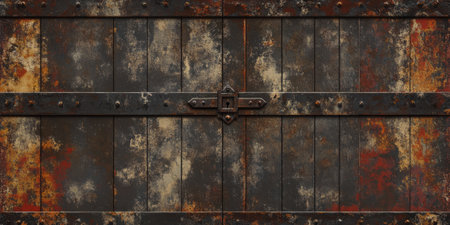 Vintage metal door background with peeling paint, rusting hinges, and exposed metal beams. The weathered texture gives it an aged, historical look, ideal for retro or historical-themed designs with a touch of mystery.の素材