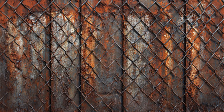 Rusty metal fence background with worn-out chain-link textures and industrial feel.の素材