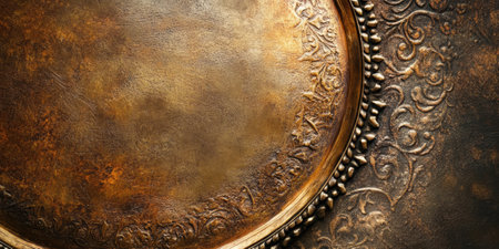 Ancient bronze shield background with intricate engraved details and worn edges. The slightly tarnished metal surface tells a story of past battles, featuring golden-brown hues and faint etchings from centuries-old craftsmanship.の素材