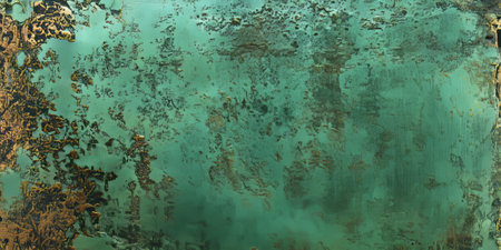 A weathered brass surface with an oxidized green patina creating an ancient, rustic look. The tarnished finish evokes a sense of history, perfect for antique-themed designs, steampunk projects, or vintage decor.の素材