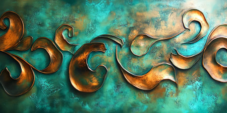 Aged copper metal background with natural green patina forming over time. The oxidized surface creates beautiful organic textures, blending warm golden tones with cool turquoise highlights, adding a rustic and historic aesthetic to the design.の素材