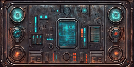Space station metal wall background with futuristic design, glowing control panels.の素材