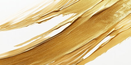 Minimalist golden brushstroke background with abstract metallic paint textures.の素材