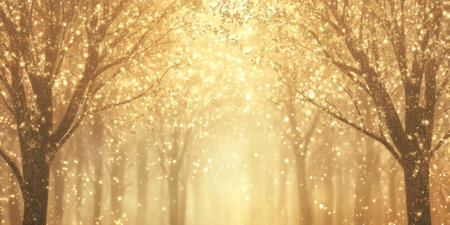 Fantasy enchanted gold forest background with glowing metallic trees, ethereal and magical.の素材