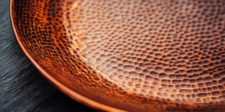 Textured metallic copper plate with a bright sheen and intricate surface detailing. The deep red-orange hue gives it a warm and inviting feel, perfect for vintage, antique designs or creating a high-end, rustic atmosphere.の素材