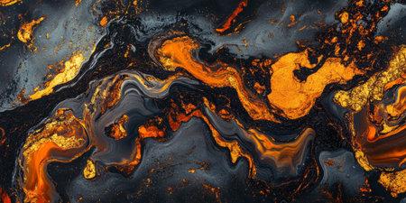 Galactic molten metal background with glowing veins of lava flowing through a hardened metallic crust. The deep orange and gold accents against dark iron create a celestial and mythical atmosphere, ideal for sci-fi and fantasy designs.の素材