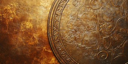 Ancient bronze shield background with intricate engraved details and worn edges. The slightly tarnished metal surface tells a story of past battles, featuring golden-brown hues and faint etchings from centuries-old craftsmanship.の素材