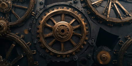 Steampunk bronze gears and cogs background with vintage mechanical elements.の素材