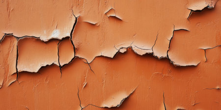 A textured burnt orange abstract background with distressed grunge details, featuring cracked and peeling layers resembling an aged, weathered wall.の素材