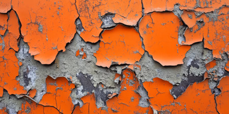 A textured burnt orange abstract background with distressed grunge details, featuring cracked and peeling layers resembling an aged, weathered wall.の素材