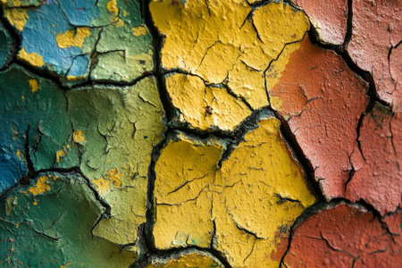 Macro shot of cracked oil paint on canvas, bold, colorful, and textured.の素材