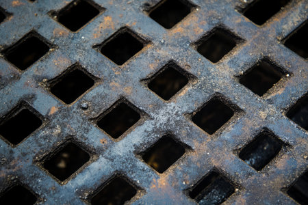 Macro shot of black metal grate, creating a tactile and industrial look with sharp lines and holes, ideal for modern design.の素材