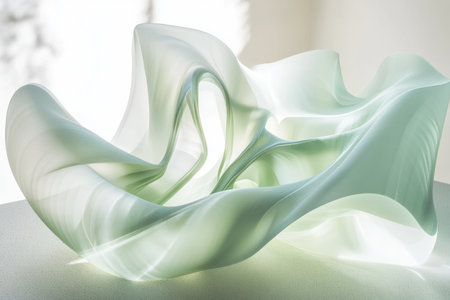 curved crystalline structure in light green, refracting light as it twists and turns, creating a fluid sense of movement in space.の素材