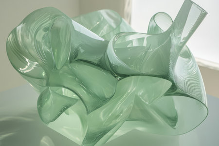 curved crystalline structure in light green, refracting light as it twists and turns, creating a fluid sense of movement in space.の素材