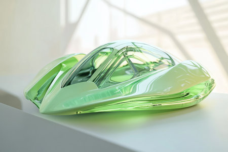 futuristic tech gadget in light green, elegantly placed in a sleek display, with light gently highlighting its curves.の素材