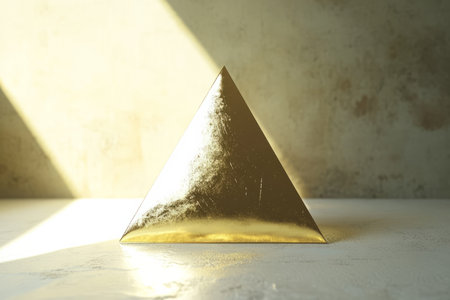 elegant triangular prism in gold, perfectly symmetrical with sharp edges, placed in the center of the frame for a minimalist effect.の素材