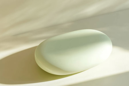 flat oval object in light green, reflecting soft light across its smooth surface, creating a serene and calm visual.の素材