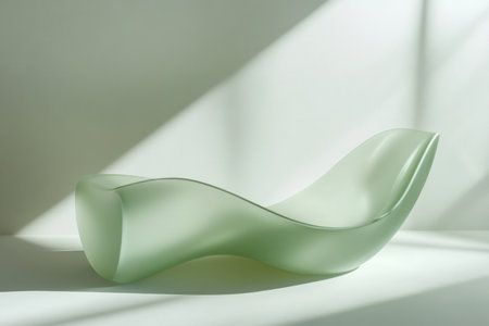 elongated shape in light green, curving gently, casting soft shadows and reflecting light in a minimalist design.の素材