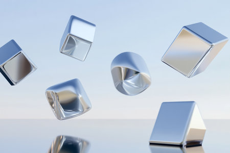 floating geometric shapes, seamlessly arranged with smooth reflective surfaces, giving off a futuristic and minimalist vibe.の素材