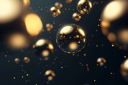 glowing metallic spheres gently bouncing against each other, with reflective surfaces in gold and black, creating a sense of depth and modern elegance.の素材