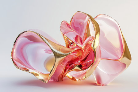 fluid geometric design in gold, with shimmering transitions between pink and red, creating a rich and dynamic visual.の素材